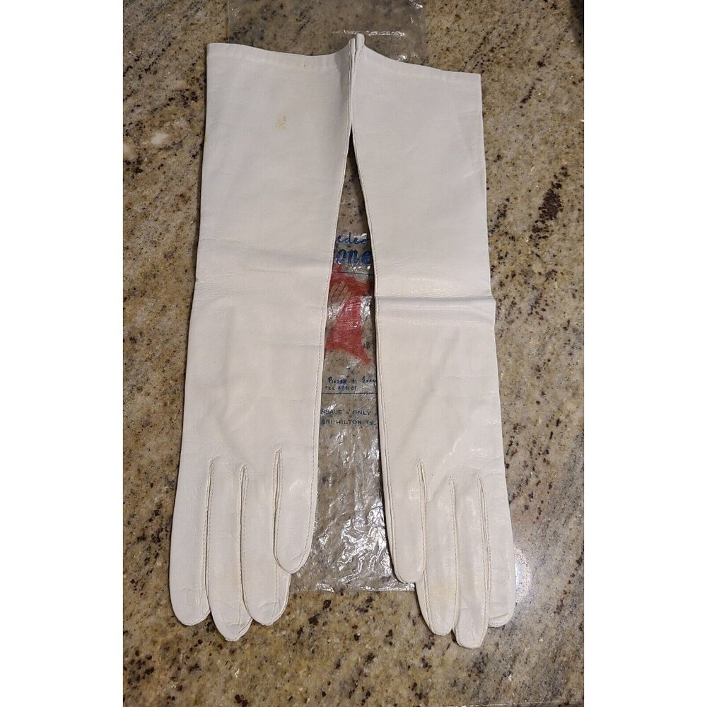 New! Vintage Size S/M White Soft Leather Formal 15" Long Gloves Lined *stains